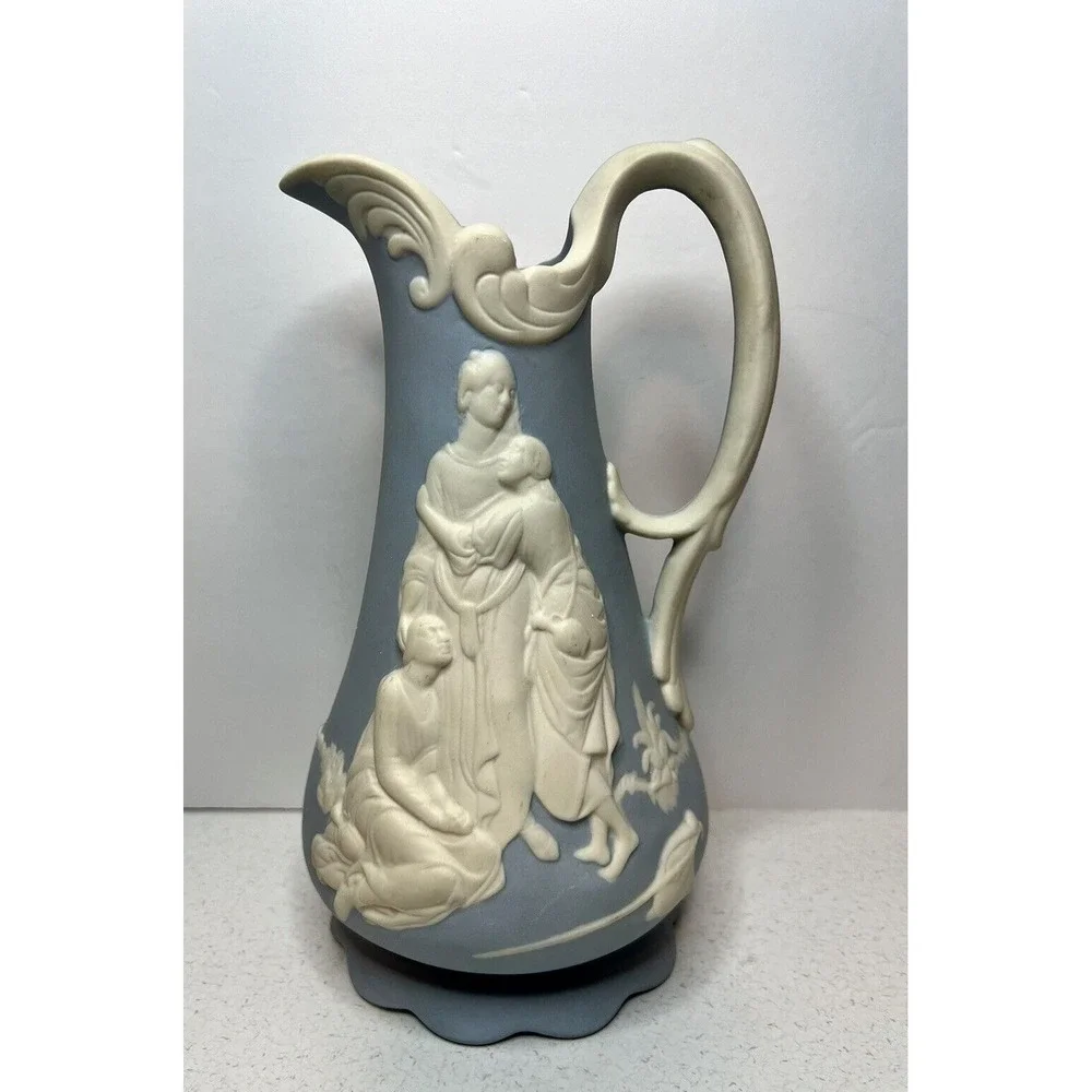 Parian Ware Naomi and Her Daugthers-in-Law Relief Jug Pitcher blue white 1950's